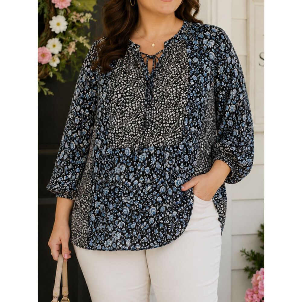 Chaps Floral Peasant Tunic Blouse 2X Blue Black Boho Tie Neck Sheer Top